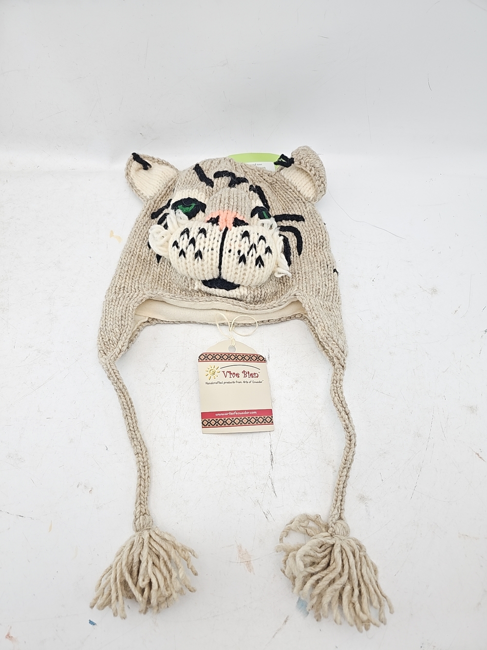Kids Cream Knit Tiger Earflap Hat with Tassels